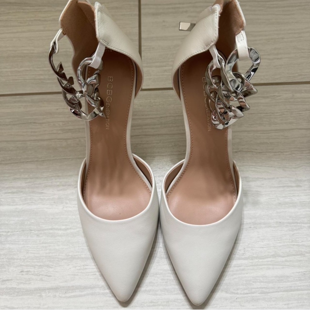 BCBG White and Silver Heels with Crystal Accents